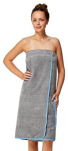 Sowel® Saunakilt Damen, 100% Bio-Baumwolle, Saunahandtuch mit Klettverschluss und Gummizug, Saunatuch Knielang, 80 x 130 cm, Grau/Blau