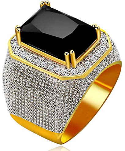 Uloveido Männer vergoldet Iced Out Cubic Zirkonia Band, Super Big Black Rechteck CZ Zirkon Hip Hop Ring für Männer Jungen RA408 (schwarz, Größe 18.8)