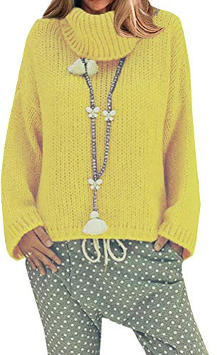 ORANDESIGNE Pullover Damen Elegant Rollkragenpullover Langarm Lose Pulli Jumper Oversize Grobstrickpullover Strickpullover Sweatshirts B Gelb 40