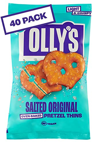 Olly's Pretzel Thins, Original Salted, 35g (Pack of 40), Handy Snack Pouches, Healthy Plant-Based Vegan Snacks for Dipping, Low Calorie Snacks, Low Fat, Source of Fibre, No Preservatives
