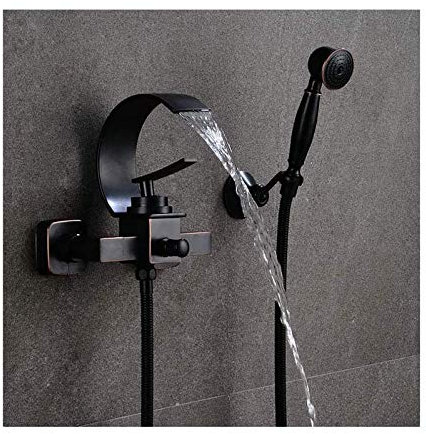 GLYYR Wannenarmatur Wasserfall Öl Bronze Reiben Badewannenarmatur Wandhalterung Wannenbatterie Messing Badewanne Wasserhahn Einhebel Wannenmischer mit Handbrause, Wasserfall Wasserhahn
