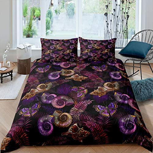 feelingyou Lila Muschel Bettwäsche-Set Rosa Blätter eleganter Schmetterling Bettwäsche Set 135x200cm Wildpflanze Betten Set für Kinder Jungen Mädchen Teenager 2St.Reißverschluss Mikrofaser