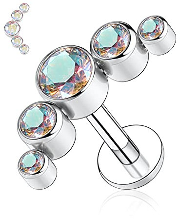 hengkaixuan 16G G23 Titan Labret Studs Innengewinde Lippen Studs Flat Back Labret Tragus Piercing 8mm Monroe Medusa Lip Piercing Silber mit AB CZ Lobe Knorpel Conch Ohrring Schmuck