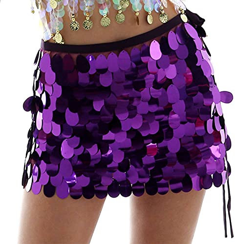 Yienate Costume sexy da donna per danza del ventre, con paillettes e lustrini, da sirena, da donna, mini abito da rave (viola)