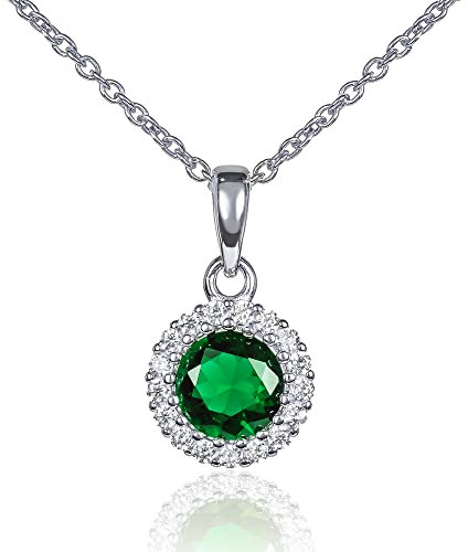 Diamond Treats 925 Sterling Silber Anhänger Halskette mit einem smaragdgrünen Stein und einem Zirkon Rand, Sterling Silber Halskette für Damen mit einem grünen Stein, Silberschmuck für Frauen
