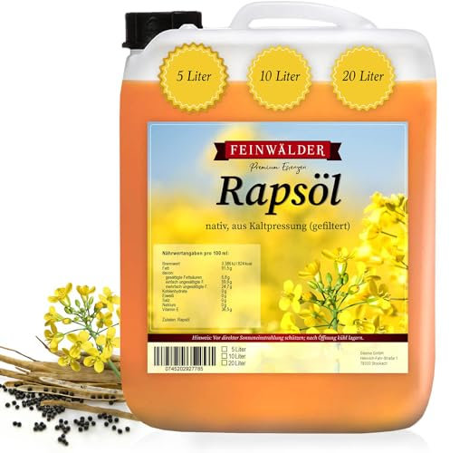 Feinwälder® Premium Lot de 10 l d'huile de colza vierge pressée à froid / huile alimentaire sans OGM / bidon d'huile de colza 10 l / huile végétale pour rôtir et affiner / huile de colza typique en