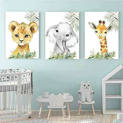 3 Poster Jungen Mädchen Babyzimmer Deko Bilder Dschungeltiere Safari Giraffe Elefant Löwe Image Bunt Wanddekoration Kinder Leinwand 30 x 40 cm ohne Rahmen