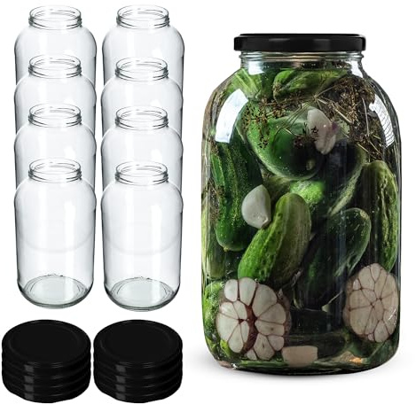 KADAX Glass Jars 4 L, Large Jars with Wide Mouth for Preserving, Pickling and Fermenting, Storage Jars for Pickles and Sauerkraut (Set of 8, Black Lids)