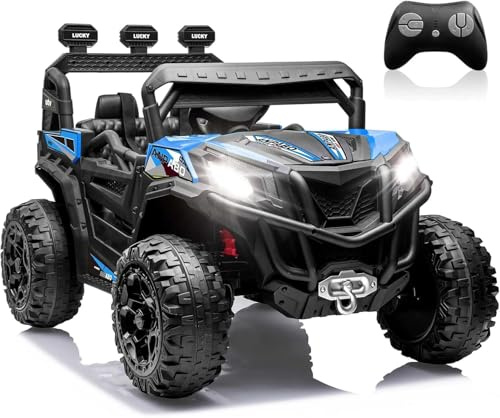 ANPABO 24V 4X4 Ride on Car Truck with Remote Control, 4WD/2WD Switchable Kids UTV, 19 Spacious Seat, 4 Shock Absorbers, Soft Start, Music Player, Electric Car for Kids (Blue)