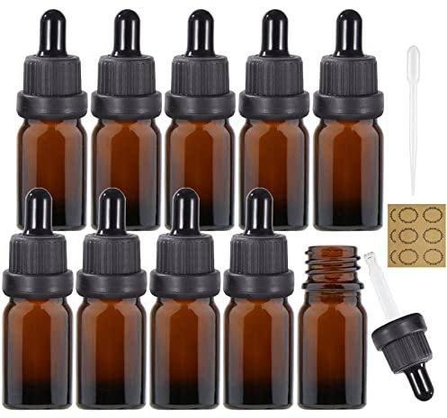 10Pcs, 10ML Amber Glass Dropper Bottle - Alledomain Empty Dropper Bottles with Glass Pipettes, Refillable Small Sample Glass Bottles for Essential oil Blends/Perfumes/Aromatherapy/Chemical Liquid