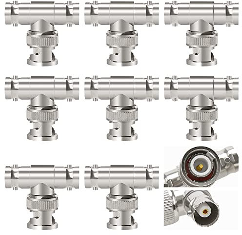 KUOQIY 8 Piezas BNC Adaptador de 3 Vías 1 Macho a 2 Hembra, BNC Macho a Doble Hembra Conector en T Adaptador Coaxial RF, para CCTV, Antena, Cable Coaxial