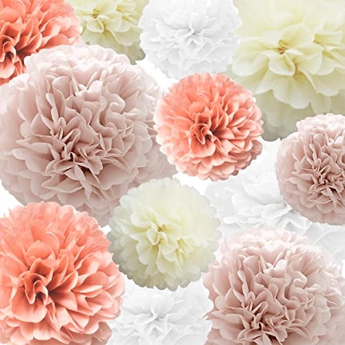 Pompon di Carta Velina, 22 Pezzi - Fiori per Decorazione Compleanno, Matrimonio, Baby Shower, Addio al Nubilato - Corallo, Rosa Polveroso, Avorio, Bianco