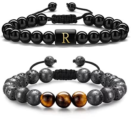 TINGN 2 Stück Naturstein Perlen Armbänder für Männer, Tigerauge schwarzer Lavastein Obsdian Perlenarmbänder für Männer Aromatherapie Atherisches Öl Diffusor Armbänder Erste Armband Geschenke (R)