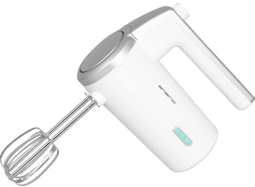 EMERIO HM-126681 Batteur à main sans fil avec 2 agitateurs 3 vitesses 2000 mAh/7,4 V Sans BPA Indicateur de niveau de batterie Câble de charge USB Jusqu'à 10 cycles à 3 min Rechargeable
