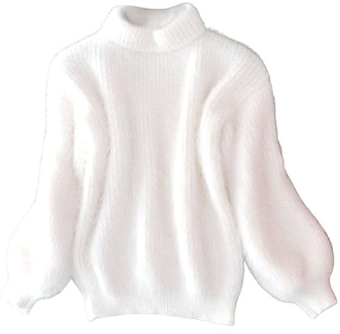 CHUSHEN Women's Casual Cable Knit Jumper Long Sleeve Crewneck Solid Color Chunky Pullover Sweater, Cashmere Loose Solid Color Knit Sweater, Vintage Angora Sweater for Women (White,One Size)