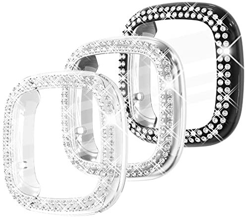 Fullife 3-Pack TPU Bumper für Fitbit Versa 3 Displayschutzfolie, Crystal Diamond Bling Case HD Vollständige Schutzhülle für Männer Frauen, Fitbit Versa 3/Fitbit Sense Smartwatch, Schwarz/Silber/Klar