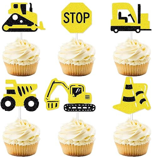 CODOMOR 24 Bagger Cupcake Topper Bagger Birthday Kuchen Deko Glitter Bagger Tortendeko Glitter Technisches Fahrzeug Cake Topper Transport Thema Birthday Party Dekoration Supplies