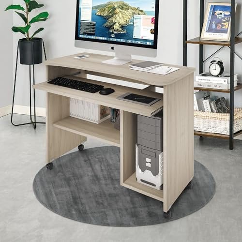 Linea Azzurra Scrivania Pc da Ufficio Scrivania Computer con Rotelle e Doppio Ripiano Interno Estraibile 76x93x48cm Mobile con Ripiani Tastiera Scorrevole Scrittoio da Studio Made in Italy