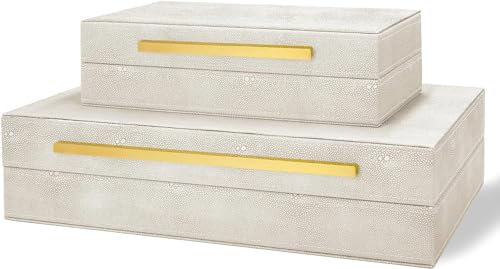 Sanfubox Modern Decorative Box Faux Shagreen Leather, Decorative Storage Boxes with Lids for Home Decor, Large Multifunctional Storage Jewelry Box Organizer(white)