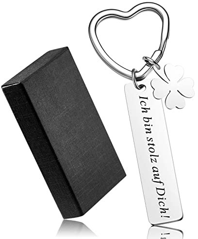 Otuuz Ich bin stolz auf Dich Klee Schlüsselanhänger Herz Schlüsselring mit Gravur und Kleeblatt Inspirierendes Herz Schlüsselbund mit Geschenkbox Motivation Geschenk für Abschluss Geburtstag, Silbern