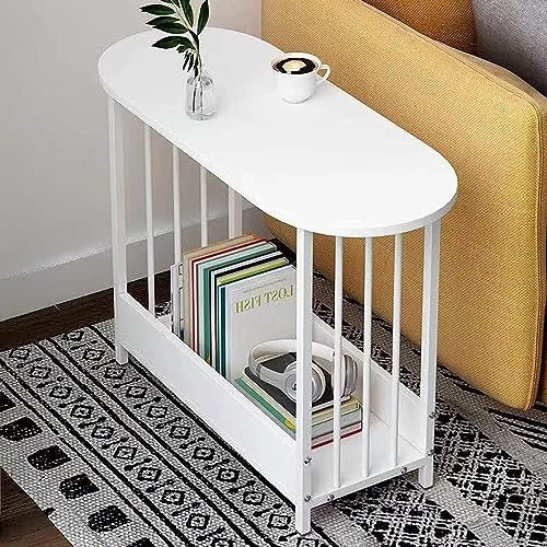 Menaka Small Sofa Table Side End Table White Oval with 2 Tiers Storage Shelf, Little Corner Coffee Table Wood with Metal Frame Tea Table Bedroom Beside Table Nightstand