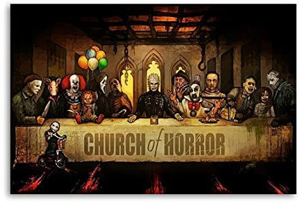 NOEMOHA Church of Horror Hellraiser Halloween Screams The Last Supper Poster, dekoratives Gemälde, Leinwand-Wandposter und Kunstdruck, modernes Familienschlafzimmer-Dekor-Poster, 60 x 90 cm