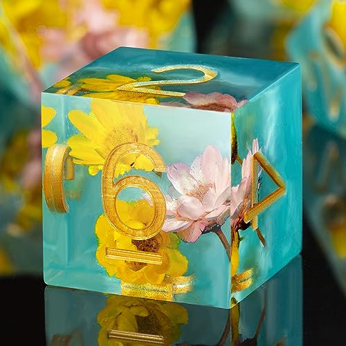 Blume DND Würfel DNDND handgefertigt Harz scharfe Kante D&D Würfel mit Geschenk-Etui für D&D Dungeons und Drachen Tabletop Games (Gänseblümchen)