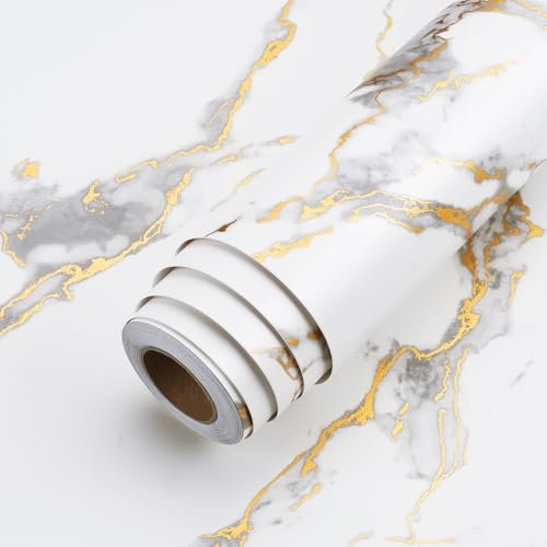 LACHEERY 15.8x276 Gold White Marble Peel and Stick Countertop Contact Paper Waterproof Self Adhesive Marble Wallpaper for Bathroom Kitchen Counter Contact Paper Marble Vinyl Wrap for Countertops