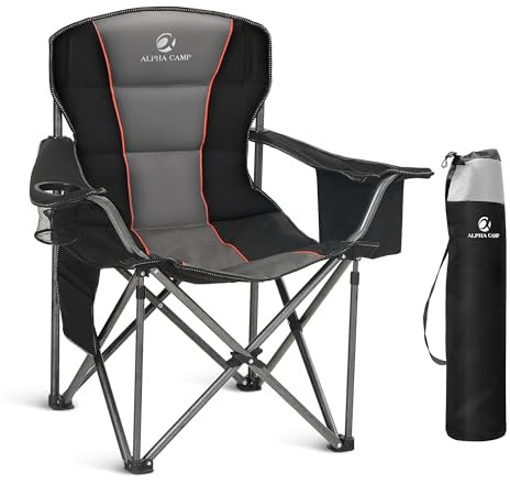 ALPHA CAMP Camping Chairs for Adults Heavy Duty Camping Chair Up to 200 kg Folding Camp Chair with Cup Holder and Cooler Bag for Outdoor Picnic Fishing, Lightweight and Portable, Black