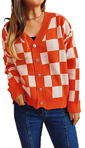 PDYLZWZY Women's V-Neck Button Down Long Sleeve Cable Knit Oversized Cardigan Checkerboard Sweater Tops, orange, XL