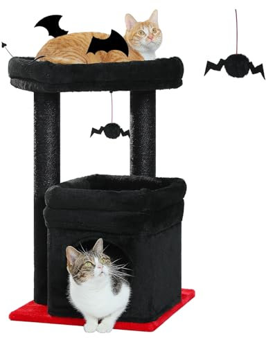 PEQULTI Cat Tree Gothic Cat Tower for Indoor Cats with Private Cozy Cat Condo, Natural Sisal Scratching Posts and Plush Pom-pom for Small Cats Black