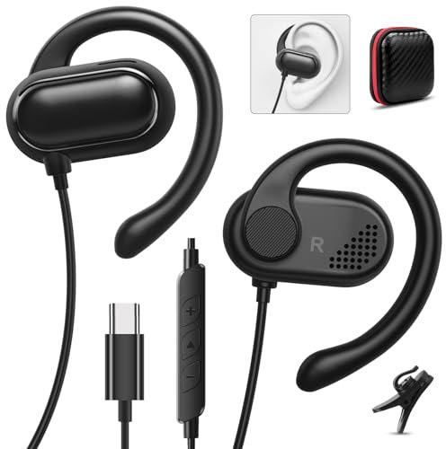 USB C Headphones Over-Ear Buds Hooks Microphone for Sports Running & Volume Control, Fit Small Ears Type C Wired Earbuds for iPhone 16 15 iPad Pro Samsung Fold6 Galaxy S24 S23 S22 Oneplus 12 Pixel 8 7