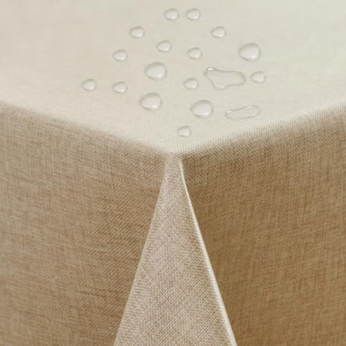 ATsense Tischdecke Abwaschbar Beige, Abwischbare Tischdecken Wasserabweisend Lotuseffekt, Fleckabweisend Table Cloth Leinenoptik, Tischtuch 140x220 cm Rechteckig