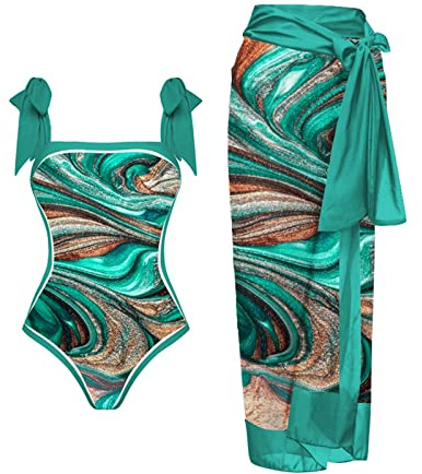Badeanzug Damen Sexy Bauchweg Push Up Bademode Monokini Set Zweiteilig Vintage Blumen Drucken Einteiler Bikini Cover Up Rock High Waist Swimsuit Frauen Schwimmanzug Bademode