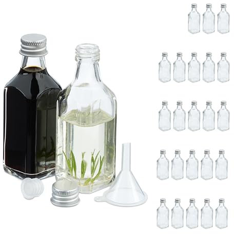 Relaxdays Botellitas de Cristal, Mini Botellas para Rellenar, 50 ml, Tapa Rosca y Tapón, Transparente/Plateado, Hierro, Pack de 25