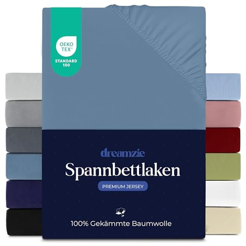 Dreamzie Premium Spannbettlaken 200x200 cm, Spannbetttuch für Dicke Matratzen bis zu 27 cm, Bettlaken 100% Jersey Baumwolle, 150 g/m², Oeko-TEX Zertifiziert - Blau