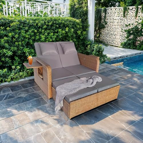 Wohnando Gartensofa klappbar mit Tisch in Braun Lounge Outdoor Couch Bett Bank Garten wetterfest aus Metall und Geflecht Lind