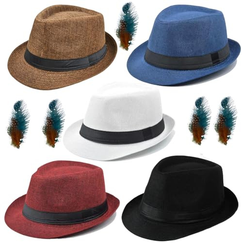 5 Pack Bulk Cuban Fedora Sun Hats Men with Adjustable Strap, Short Brim 1920s Unisex Party Costume Hats Women. (Polyester, Black+White+Red+Blue+Coffee(Size:L-XL))