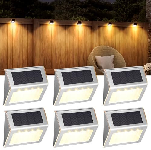 Solpex Solar Fence Lights Outdor Garden, Waterproof Solar Step Lights, Stainless Steel Led Lighting Decoration for Stair Deck Wall Patio Porch Yard Pathway Walkway (6 Pack, Warm White)
