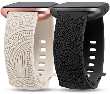 TOYOUTHS 2 Stück Boho Floral Gravierte Armband kompatibel mit Fitbit Versa 2/Fitbit Versa/Versa Lite Armband Frauen Männer Weich Silikon Sport Loop Ersatzarmbänder für Versa 2, Polarstern/Schwarz