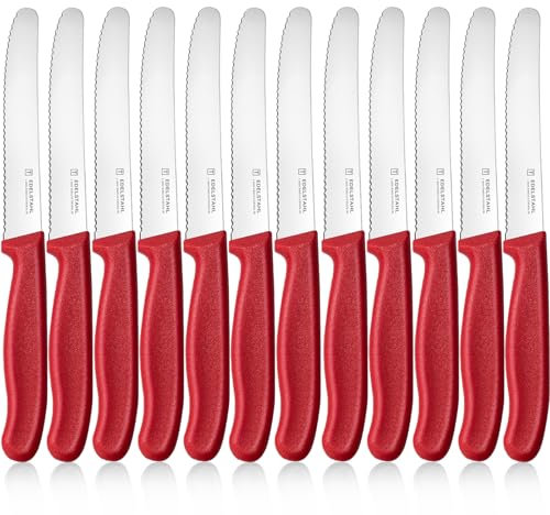 targzier Frühstücksmesser 12 Stück,Hochwertige Tomatenmesser Wellenschliff,Rot Brötchenmesser aus Edelstahl,Scharfe Tafelmesser für Brotzeit,Kunststoffgriff Besteck Messer Set&Spülmaschinenfest