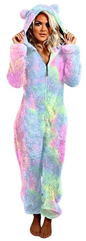 Fluffy Snuggle - Pigiama intero da donna in pile, con cappuccio, in flanella, caldo, tutto in uno, super morbido, comodo, caldo, per autunno e inverno