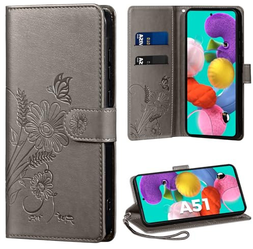 Handyhülle für Samsung Galaxy A51 Hülle, Schutzhülle für Galaxy A51 PU Lederhülle Tasche Flip Case Kartensteckplätzen Klapphülle Kompatibel mit Samsung A51 Hülle, Grau