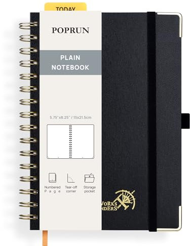 POPRUN Notizbuch A5 Blanko, Spiral-Notizbücher 120 GSM Papier, 141 nummerierte Seiten, Hardcover mit Kleberegisterkarten und 8 Abreißblättern - BK(Schwarz)