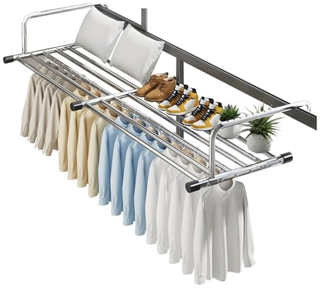 Stendino da Balcone in Acciaio Inox Allungabile, Per Uso Interno ed Esterno, Per Vestiti e Scarpe, Mit Verstärkungsleiste, 10-Loch-Verstellung, Stendibiancheria (68-120cm)
