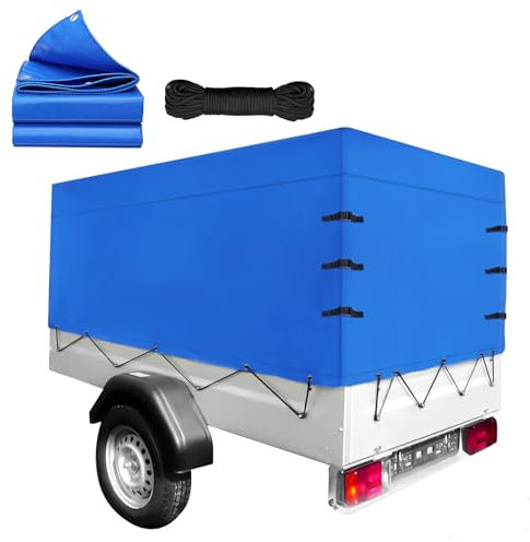 Teodute Anhänger Hochplane 210x114x90 cm, Abdeckplane Anhänger Abdeckung mit Seil, Verstärkte Stema Anhänger Plane für 750kg PKW Hänger