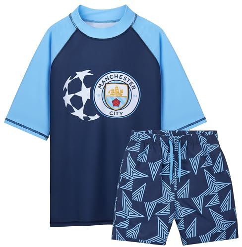 MANCHESTER CITY F.C. Swimsuit Set Boys 2 Pcs Swimming Costume Swim Shorts Rash Vest Pool Beach Holiday Essentials (7-8 Years, Navy)