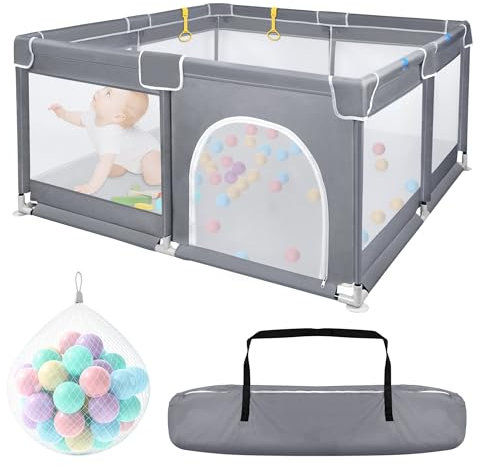 Froadp Baby Laufstall, Faltbare Kinder Laufgitter & -ställe, Babyzaun Absperrgitter mit Atmungsaktivem Netz und 50 Kugeln, Mobile Krabbeln Playpens,Bällebad für Kinder Baby,Dunkelgrau,127x127x68cm
