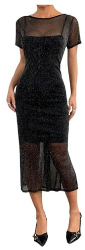 GORGLITTER Women's Glitter Mesh See Through Sexy Dress Crewneck Short Sleeve Split Thigh Bodycon Long Dresses Black Small
