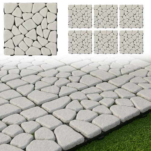 MAKA Pavimento a Incastro per Esterno in Pietra, Piastrelle 30x30 cm Giardino a Incastro, Mattonelle Facili da Installare per Balcone, Terrazzo con Drenaggio Acqua (Bianco, 6 Piastrelle 0,5 mq)